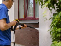 Fassadenreinigung Mit Wasserstrahl auf den Putz drauf los reinigen