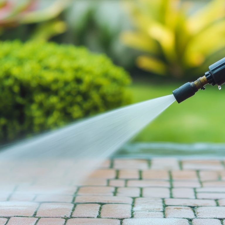 Pflasterreinigung Mit dem Hochdruckreiniger Pflastersteine sauber machen. Wasserstrahl
